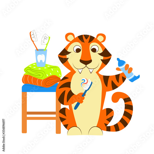 Tiger takes care of their healthy theeth. Wild cat brushes their teeth happily. 