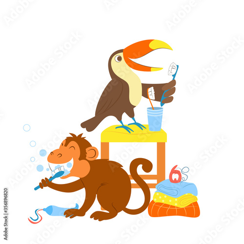 Vector illustration of cute jungle animals which clean their teeth with brushes. Monkey and touan brush their teeth in bathroom with fun.