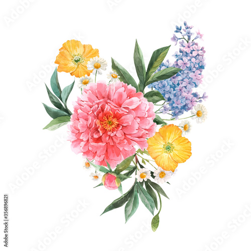 Beautiful vector floral bouquet composition with watercolor pink peony and yellow poppy flowers. Stock illustration