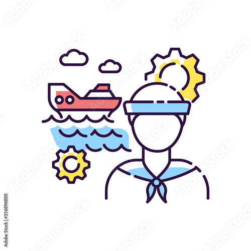 Marine engineer RGB color icon. Nautical production. Professional sailor for steering system maintenance. Job on ocean vessel. Mechanical worker for water transport. Isolated vector illustration