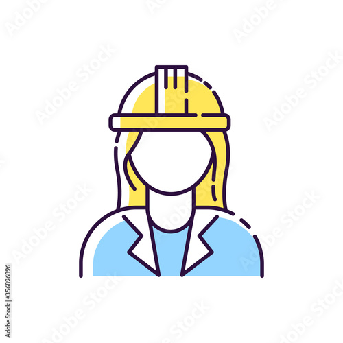 Female engineer RGB color icon. Woman architect in hardhat. Professional constructor in safe helmet. Specialist contractor to work on building site. Labor safety. Isolated vector illustration