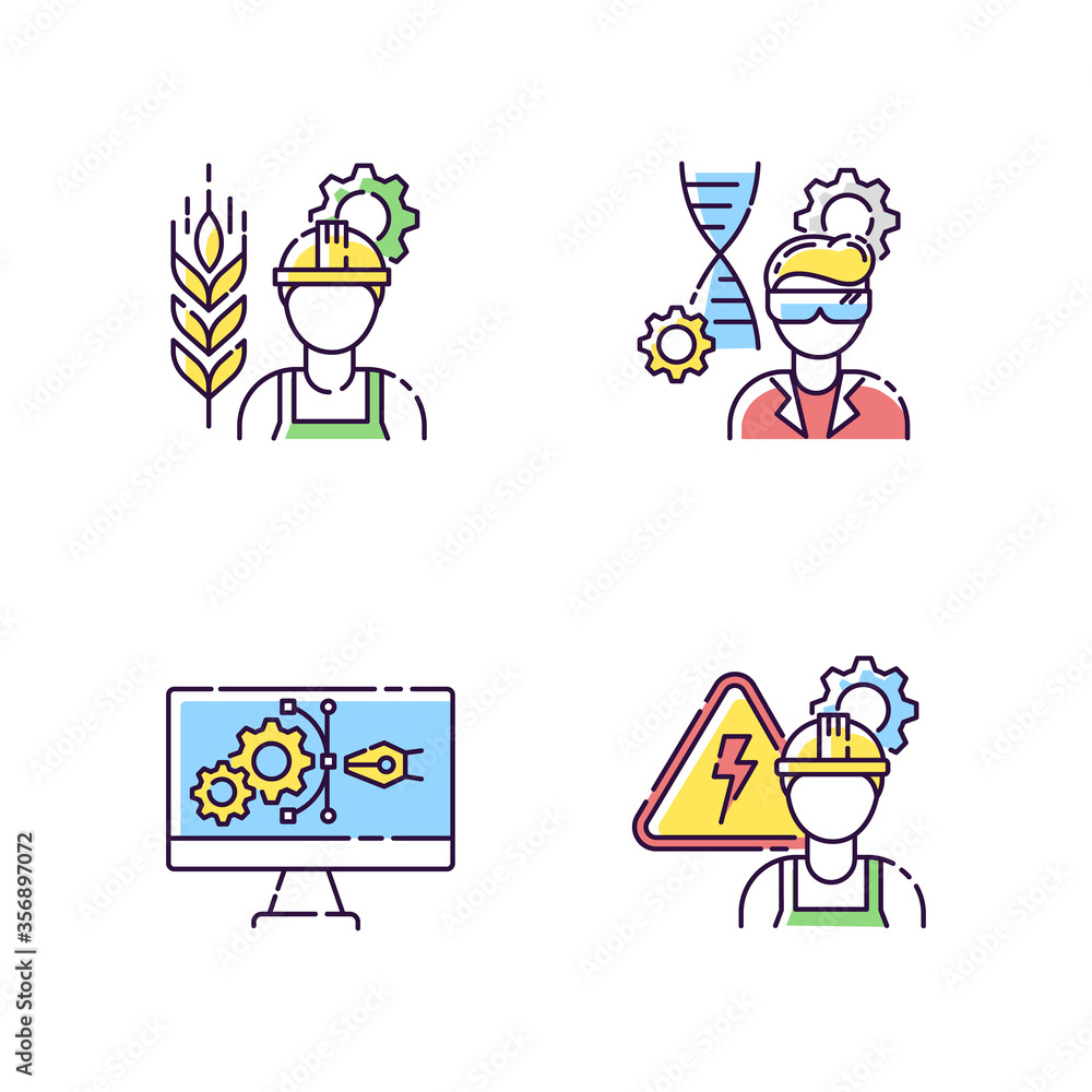 Engineering career type RGB color icons set. Agricultural production specialist. Biotechnology research professional. Medical laboratory worker. Male electrician. Isolated vector illustrations