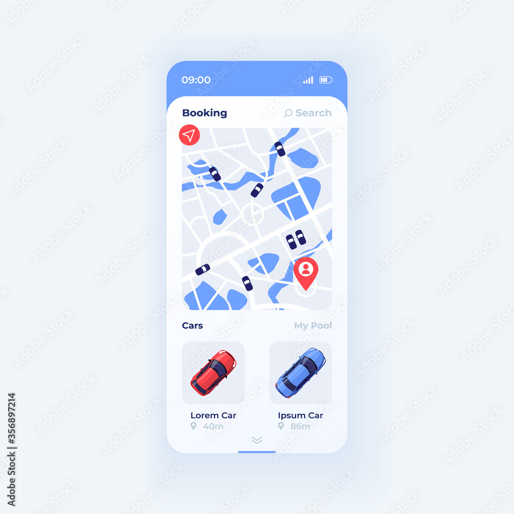 Book car smartphone interface vector template. Mobile app page white design layout. Carsharing screen. Taxi route. Flat UI for application. Transport for passenger rent. Phone display Book car smartphone interface vector template. Mobile app page white design layout. Carsharing screen. Taxi route. Flat UI for application. Transport for passenger rent. Phone display