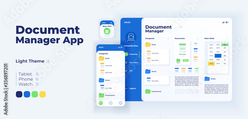 File management app screen vector adaptive design template. Directory for work. Document manager application day mode interface with flat characters. Smartphone, tablet, smart watch cartoon UI