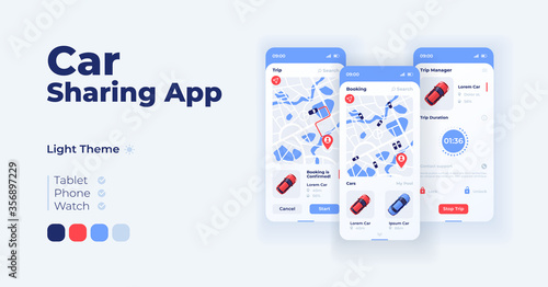 Ridesharing cartoon smartphone interface vector templates set. Mobile app screen page day mode design. Transport rent service. Carpooling UI for application. Phone display with flat character