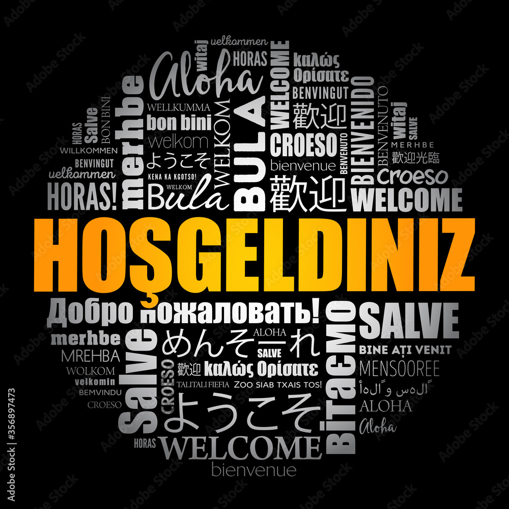 Hosgeldiniz (Welcome in Turkish) word cloud in different languages, conceptual background