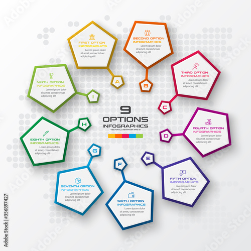 Pentagon element for infographic,Business concept with 9 options,Vector illustration.