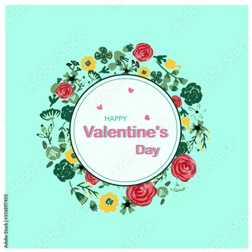 Happy Valentine's Day greeting card love letter vintage style/With rose and floral blossom on soft aqua menthe color background. For Valentine's day, Mother's and birthday greeting card design.