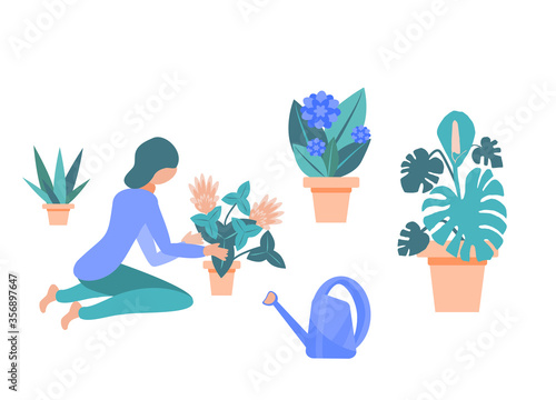 Happy young girl take care of indoor plants. Home hobby.  A woman enjoys domestic activity. A female character in a flat style replants flowers in the house. Vector illustration in cartoon style.
