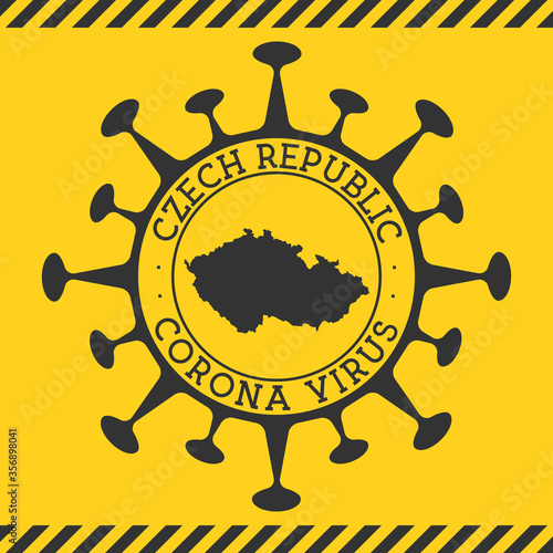 Coronavirus in Czech Republic sign. Round badge with shape of virus and Czech Republic map. Yellow country epidemy lockdown stamp. Vector illustration.