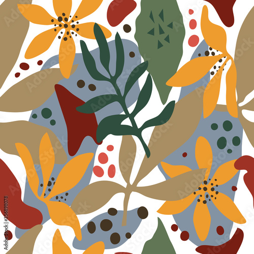 Hand drawn vector seamless pattern. Leaves, abstract shapes, bright colors. White background