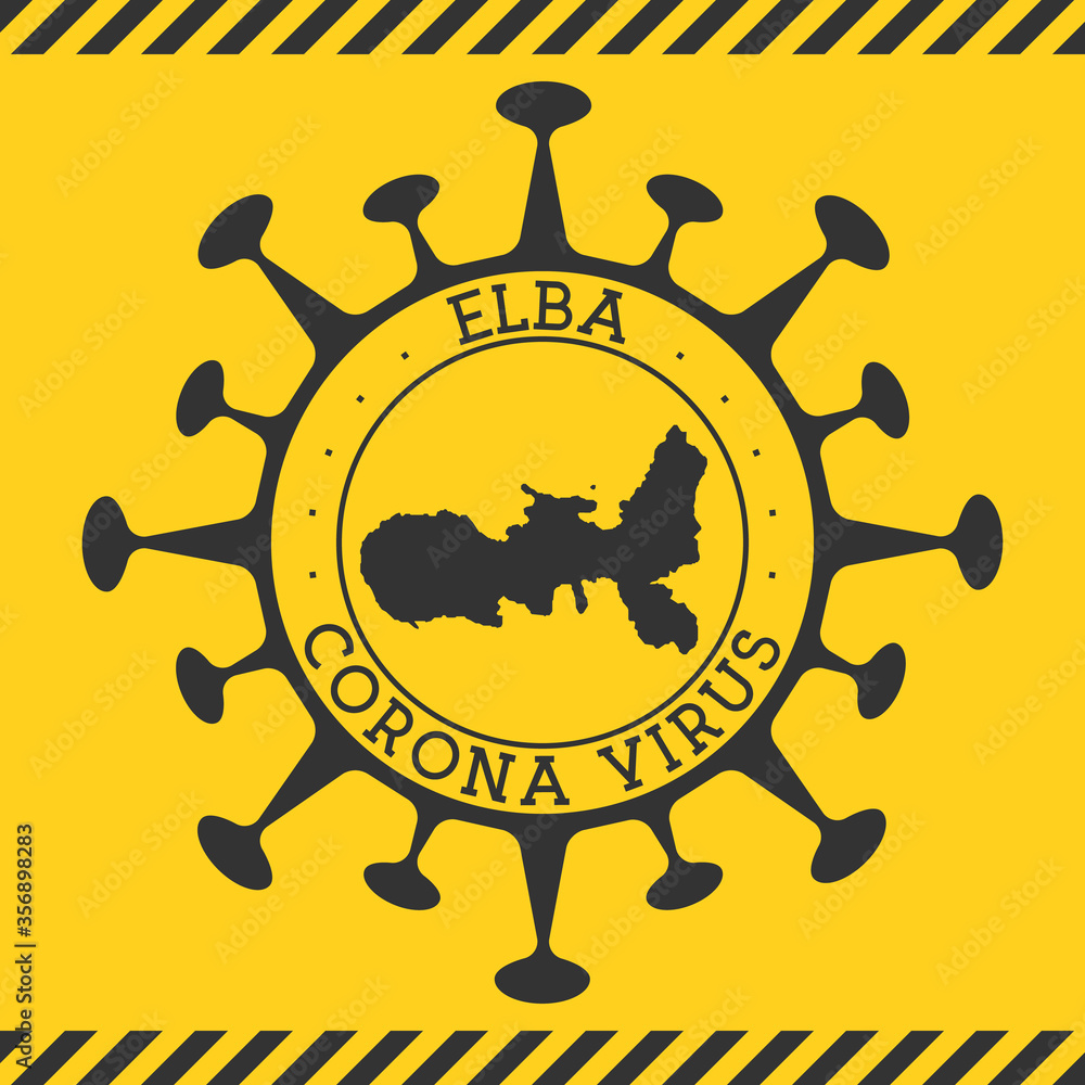 Corona virus in Elba sign. Round badge with shape of virus and Elba map. Yellow island epidemy lock down stamp. Vector illustration.