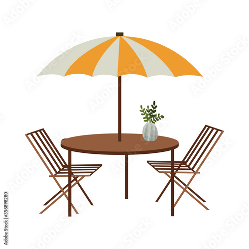 Street summer cafe. Isolated on a white background chairs and table with awning. Vector illustration