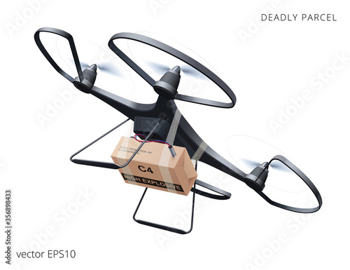 Deadly delivery. Black drone armed with C4 explosive. Unmanned multirotor device carrying a bomb in the cardboard package. Quadcopter swoops down to make an assassination attempt. Anti-terror concept.