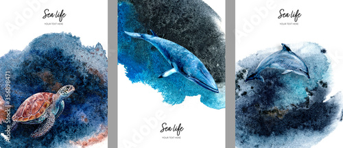Fotografia Set of cards invitation design template with whale, dolphin, turtle watercolor h