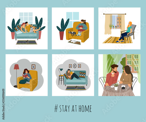 Set of vector illustration with people at home. Concept for self-isolation during quarantine