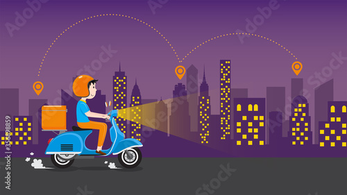 Delivery man riding scooter with delivery case box on the road in downtown area at night. Delivery Service business, Vector illustration.