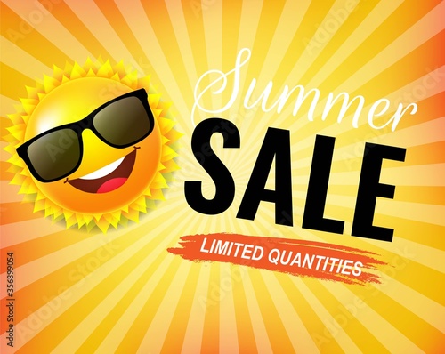 Summer Sale Poster With Text And Sun And Sunburst Background With Gradient Mesh  Vector Illustration