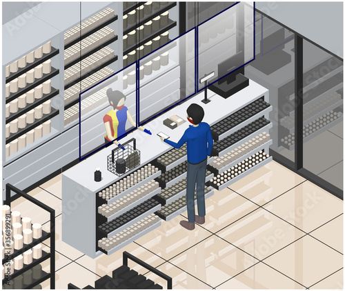 Isometric vector illustration of new normal mini market transaction. Sales girl stand behind protection transparent layer, wearing mask and hand gloves. Customer pay with electronic money. 