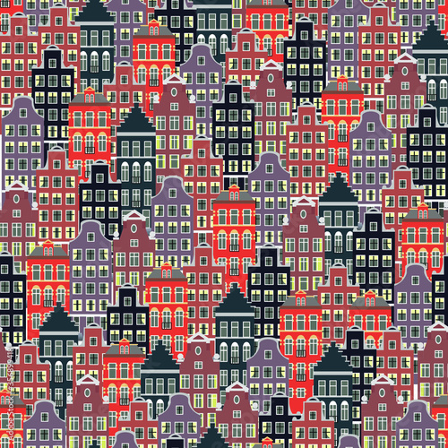 Seamless pattern with traditional old european buildings. Netherlands houses.