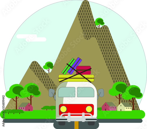 Fototapeta Naklejka Na Ścianę i Meble -  An illustration of a white bus with luggage on top. Mountains, trees and houses in the background.