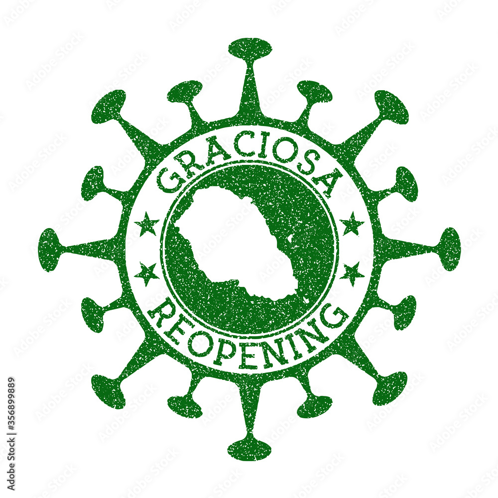 Graciosa Reopening Stamp. Green round badge of island with map of Graciosa. Island opening after lockdown. Vector illustration.