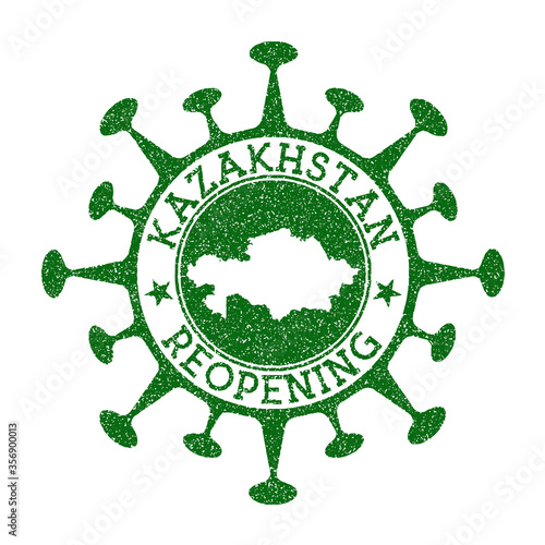 Kazakhstan reopening stamp. Green round badge of country with map of Kazakhstan. Country opening after lockdown. Vector illustration.