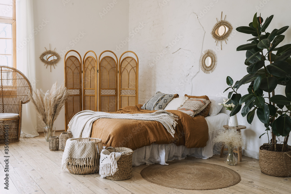 Comfort apartment in bohemian style interior with hygge bedroom - obrazy, fototapety, plakaty 