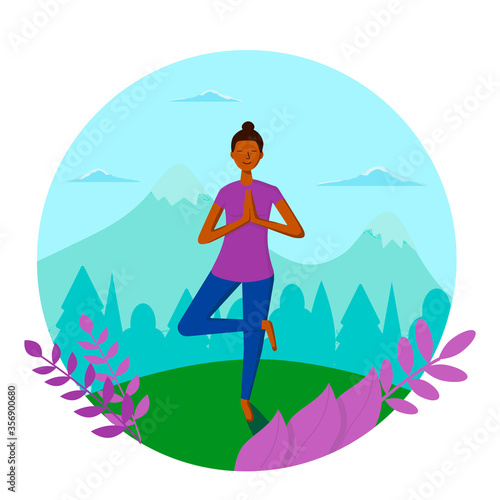 Dark-skinned girl does yoga on a background of mountain nature. Modern flat illustration. Vector illustration.