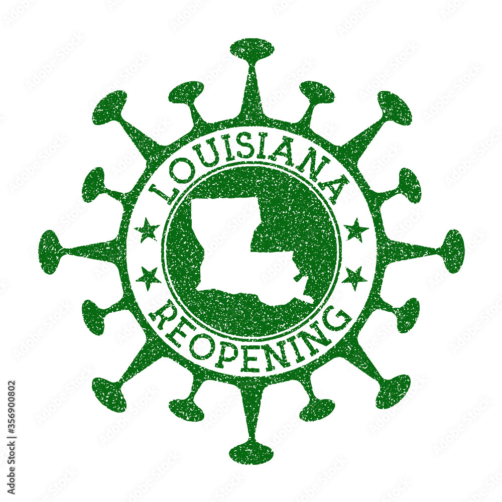 Louisiana Reopening Stamp. Green round badge of us state with map of Louisiana. Us state opening after lockdown. Vector illustration.