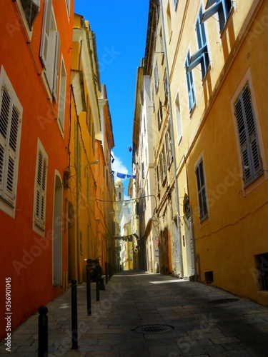 Europe, France, Corsica, City of Bastia, alleyway, facade, window and blue shutter