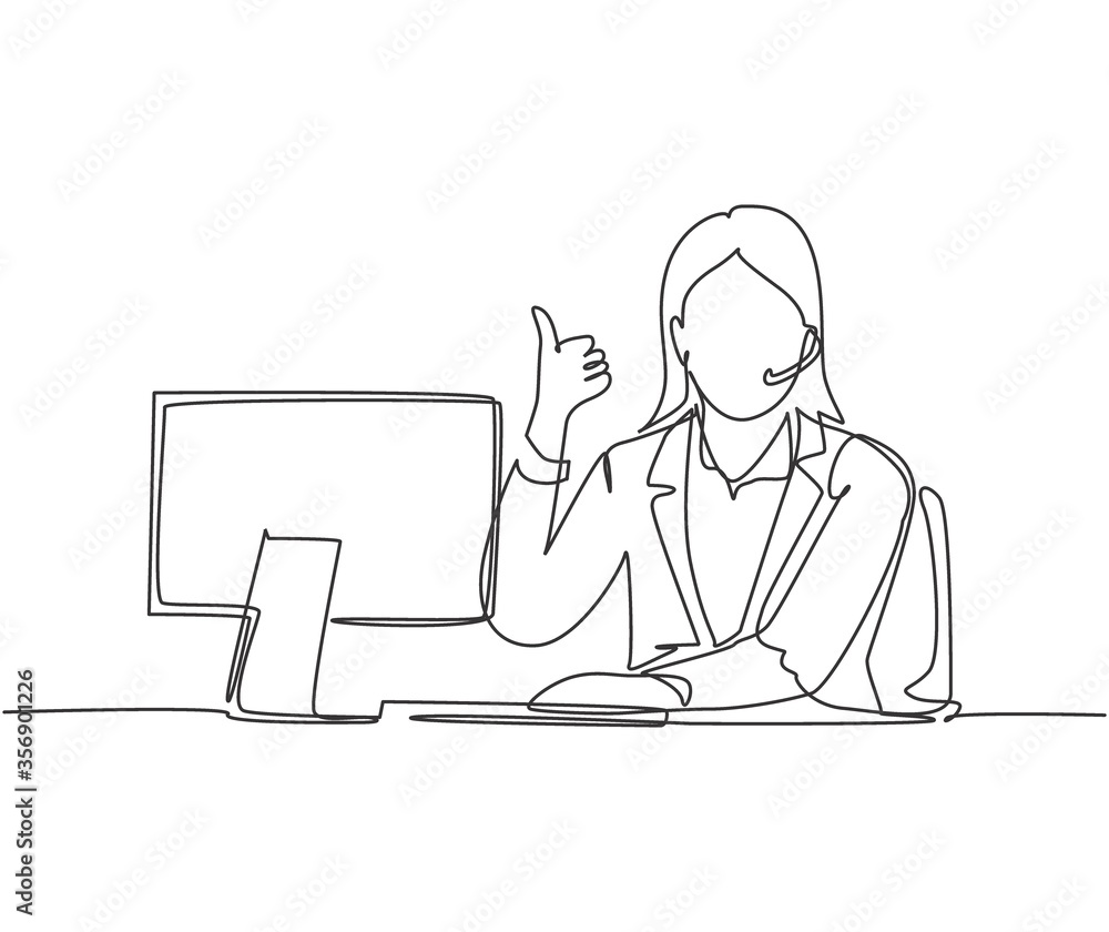 Single line drawing of young female call center worker sitting in front of computer and answering phone from customer. Customer service business concept continuous line draw design vector illustration