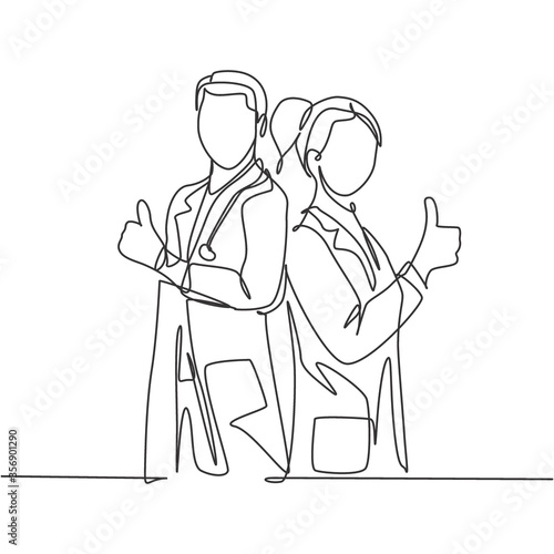 Single line drawing of young happy couple male and female doctor standing together and giving thumbs up gesture. Medical healthcare teamwork concept. Continuous line draw design vector illustration
