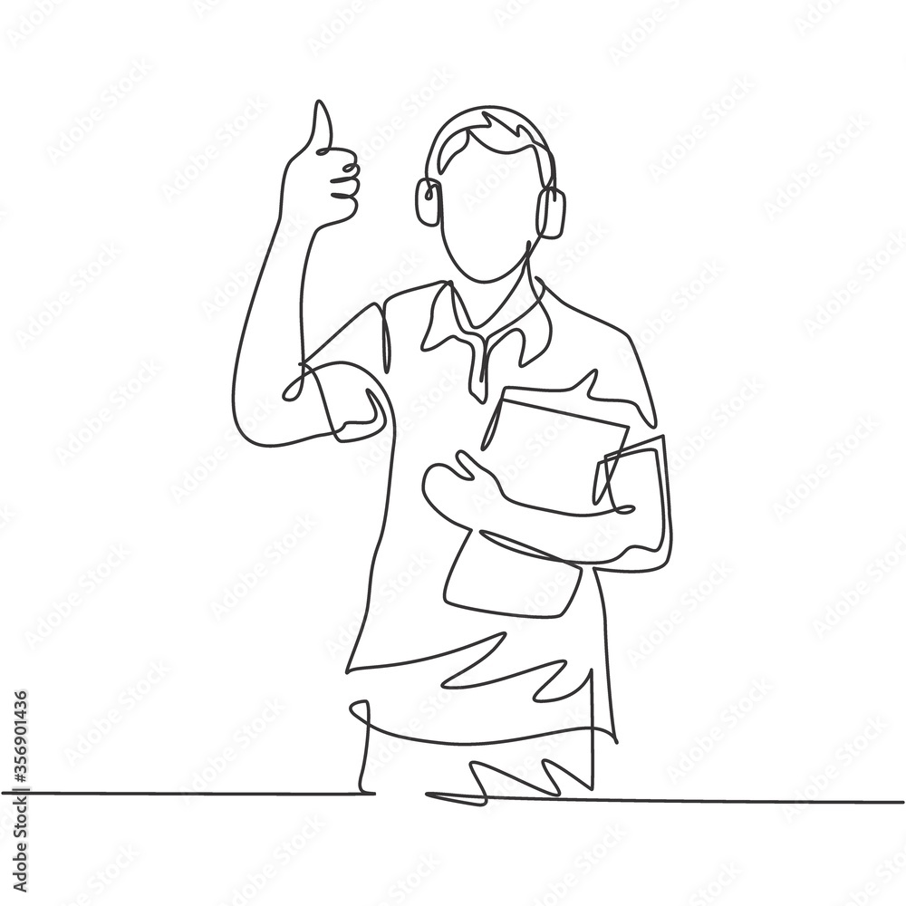 Single line drawing of young happy field project manager wearing headset and carrying clipboard while working. Field manager work life concept. Continuous line draw design vector illustration