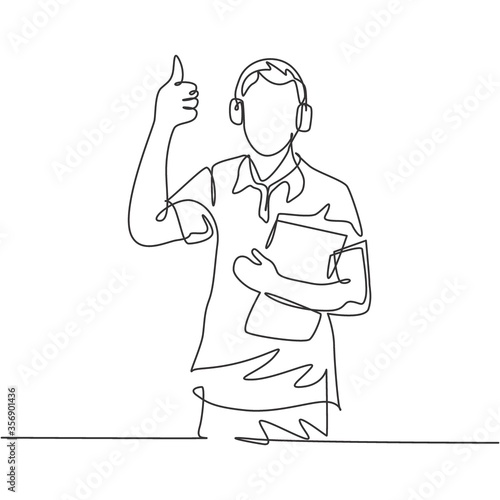 Single line drawing of young happy field project manager wearing headset and carrying clipboard while working. Field manager work life concept. Continuous line draw design vector illustration