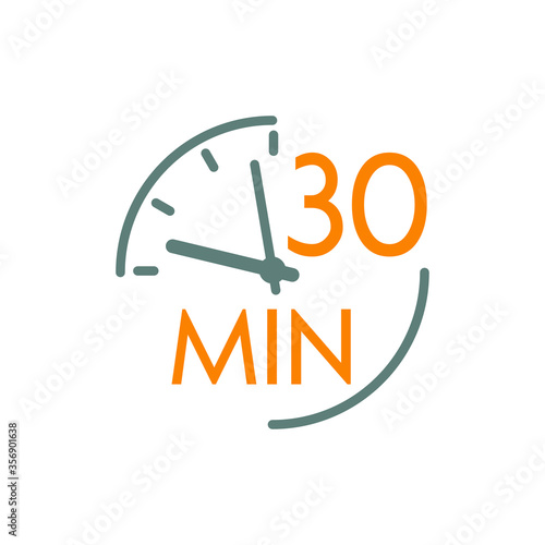 Icono plano lineal reloj con texto 30 min en gris y naranja