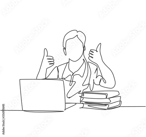 Single line drawing of young happy male college student study in the campus library beside stack of books and laptop. Education concept. Continuous line draw design vector illustration