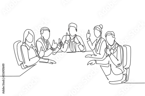 Single line drawing group of young happy businessmen and businesswomen siting on same desk together giving thumbs up gesture. Business meeting concept. Continuous line draw design vector illustration