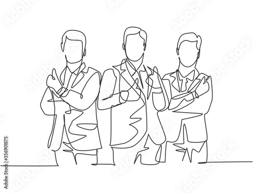 Single line drawing group of young happy businessmen standing together and giving thumbs up gesture. Business owner teamwork concept. Continuous line draw design vector illustration