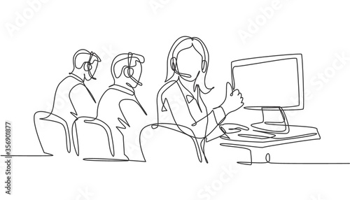Single line drawing group of young male and female call center workers sitting in front of computer and giving thumbs up gesture. Customer service business concept. Continuous line draw design vector