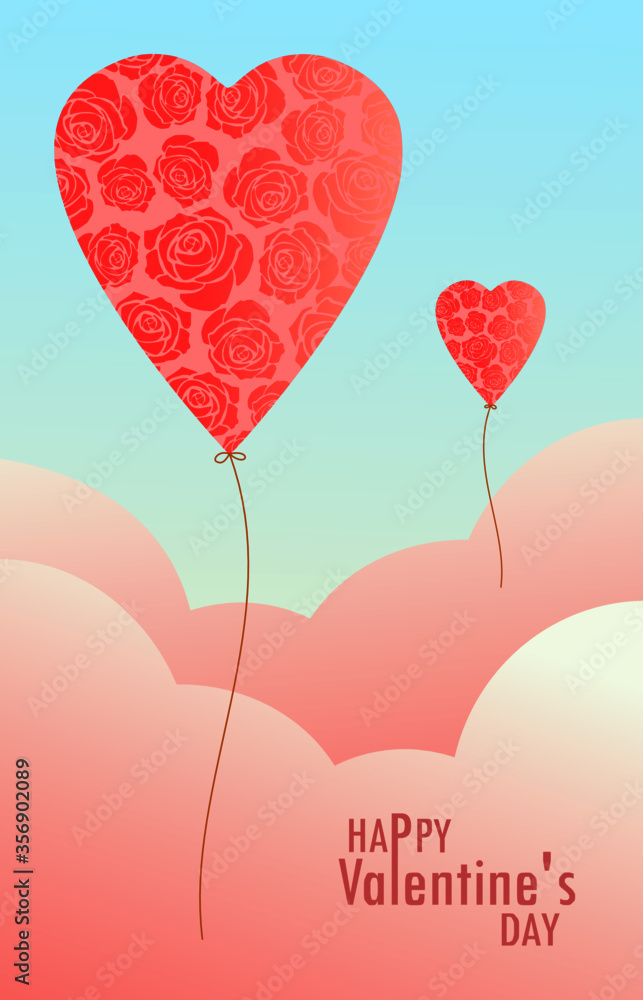 Valentine’s day greeting card heart balloons outline shaped with rose flower blossom, pink cloud and text on blue sky background cover to template, banner, card, media.