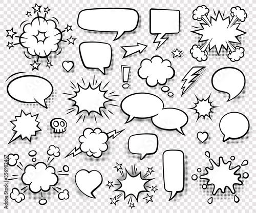 Collection of empty comic speech bubbles with halftone shadows. Hand drawn retro cartoon stickers. Pop art style. Vector illustration