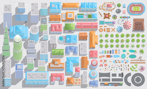 Set of landscape elements. City. (Top view) Trees, houses, buildings, skyscrapers, attractions, road. (View from above) 