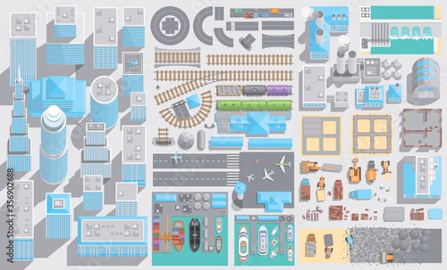 Set of landscape elements. City, transport, industry and construction. (Top view) Skyscrapers, roads, railways, ports, airports, factory, building, construction machinery. (View from above) 