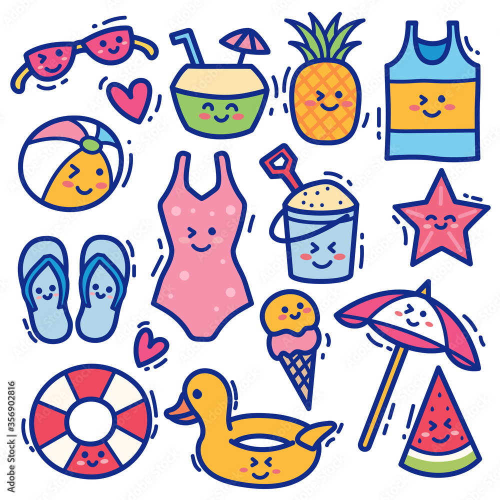Summer beach kawaii doodle illustration