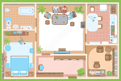 Vector illustration. Apartment floor plan. (top view) Furnished flat. (view from above) Interior architecture. Living room, bedroom, kitchen, bathroom, office.