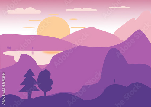 Forest purple valley with sunset