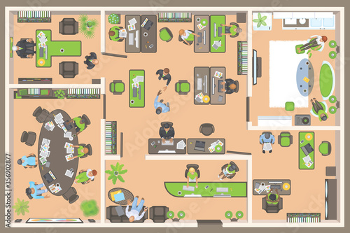 Vector illustration. Office view from above. People at work.
Office room, meeting room, reception, restroom, office furniture, cabinets, desks, chairs, computers. (top view)