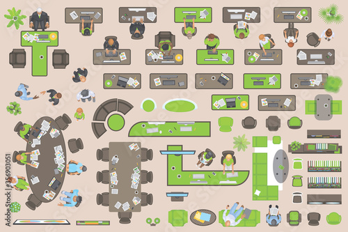 Vector set of office. People at work and office furniture. (top view) Desks, chairs, cabinets, sofas, computers, conference room, reception. Men and women in different poses. (view from above)
