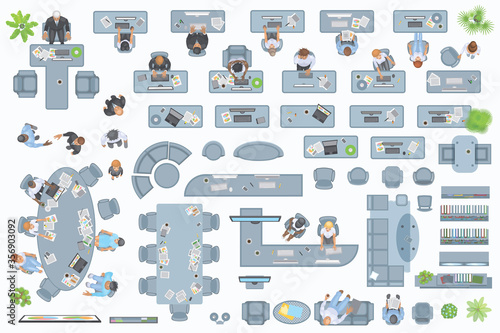 Vector set of office. People at work and office furniture. (top view) Desks, chairs, cabinets, sofas, computers, conference room, reception. Men and women in different poses. (view from above) 